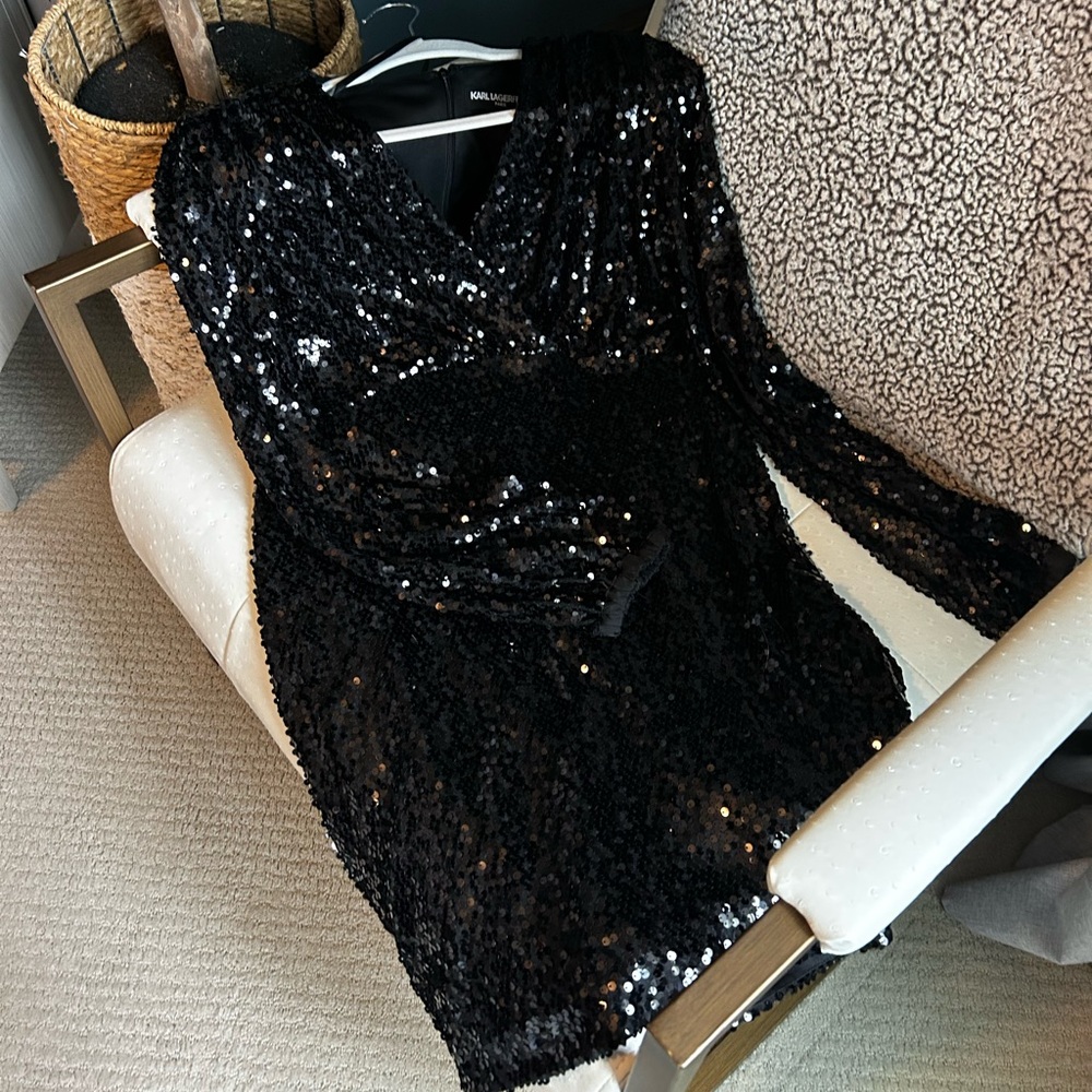 Karl Lagerfeld Black Sequin V-Neck Party Dress